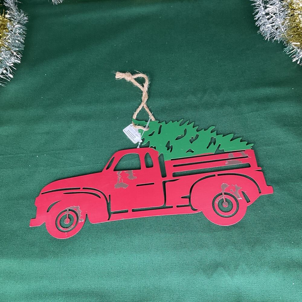 Vintage Red Truck Metal Hanging Sign Christmas Tree Cutout Jute Wall Decor